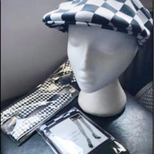 checkered cabby hat suspenders, bowtie,leggings